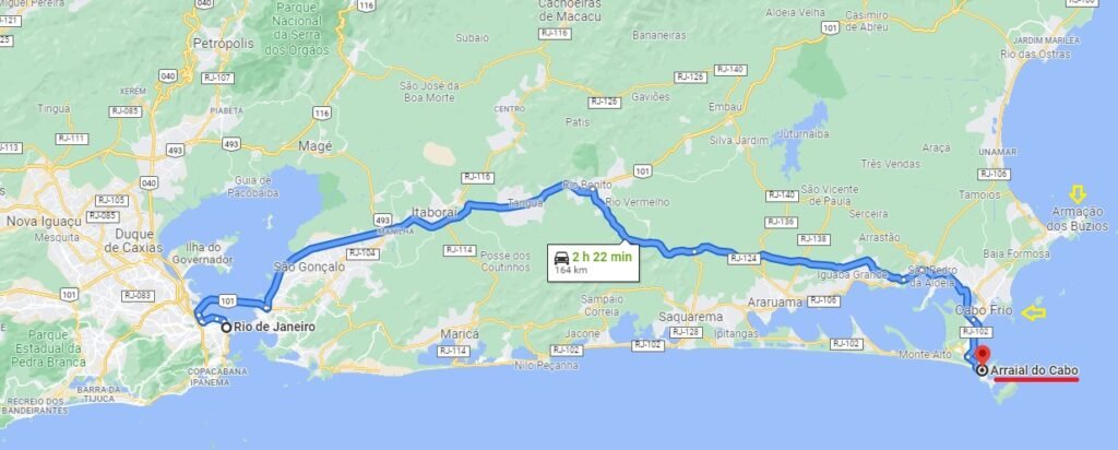 Mapa Rio de Janeiro para Arraial do Cabo